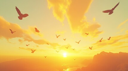 An expansive minimalistic view of birds flying in V formation through a bright yellow and orange dawn sky, with sharp, photo-real details and a soft glow in hyper-real 8K quality.