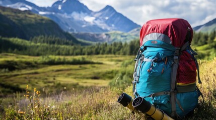 Backpack in scenic mountain landscape.
