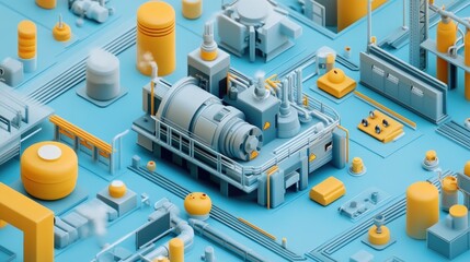 Obraz premium An industrial-themed PPT first page featuring a 3D render of a working machine and icons representing production processes, with clean typography and wide page proportions.