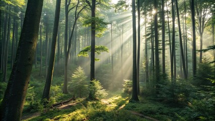 Naklejka premium High-angle shot of a dense forest with sunlight filtering through the trees, earthy tones, tree canopy, greenery, outdoor setting, natural scenery