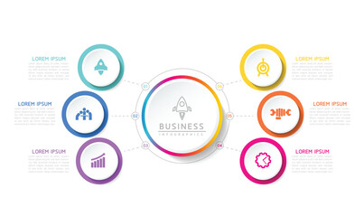 Vector infographic business presentation template with circular interconnection with 6 options.