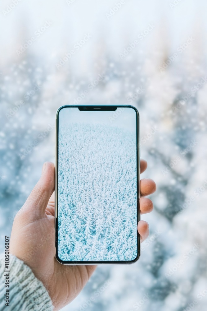Poster winter weather app display on smartphone screen in snowy forest setting