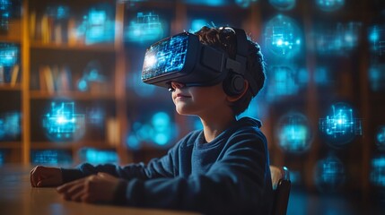 Engaged school student using VR technology in class, surrounded by AI holograms illustrating machine learning and interactive education.