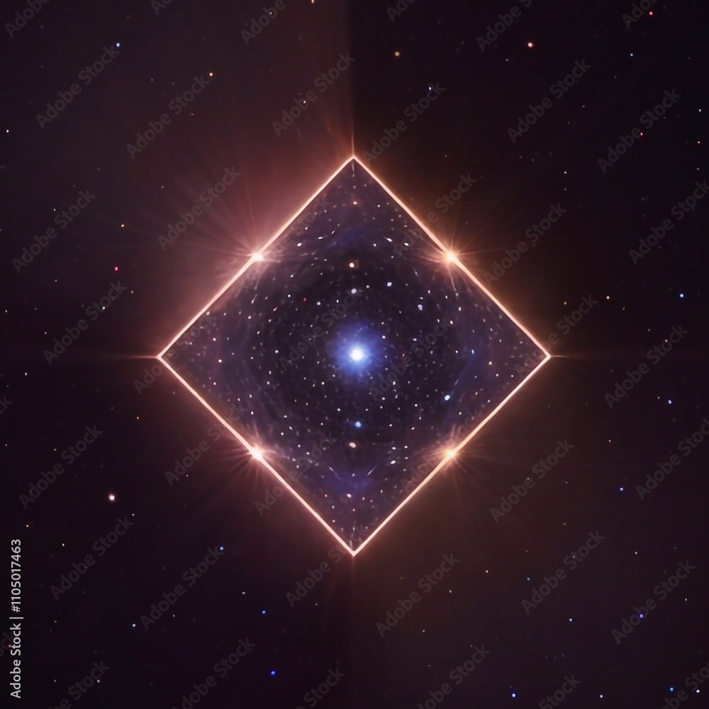 Wall mural abstract square shaped object glowing with neon light on dark fantasy futuristic background - genera