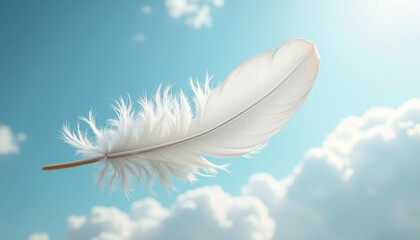 Fototapeta premium Single feather floating against blue sky with clouds