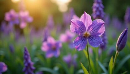 Fototapeta premium Violet blossoms in a field Purple flowers at sunset Blooming wild