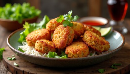 Fototapeta premium Golden fish cakes on a wooden table