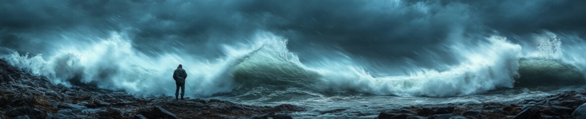Obraz premium Resilient Fisherman Amidst Stormy Ocean Waves Under Dark Sky