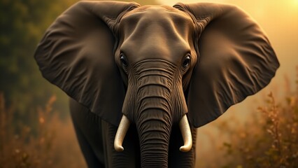 A majestic close-up of an elephant, highlighting its wrinkled skin, long tusks, and wise eyes. Soft lighting and blurred background emphasize its grandeur and gentle nature.