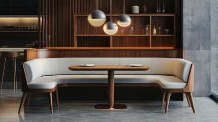 Develop a dining unit for a restaurant, including a curved-back bench with fabric cushions and a rectangular table. Blend Victorian artistry, such as intricate wood detailing,