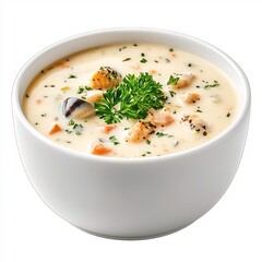 Closeup of Creamy New England Clam Chowder in a Bowl on White Background