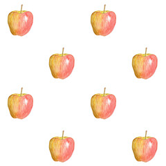 A shiny striped apple watercolor seamless pattern isolated on white. Hand-painted art perfect for culinary designs, prints, packages, Rosh Hashanah, juice, harvest themed decor, organic fruit ads