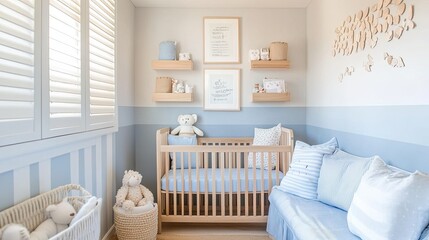 Scandinavian nursery design with pastel blue-and-beige tones, striped walls, and light wooden furniture. Modern elements like sleek shelving and stylish storage meet warm lighting and soft fabrics