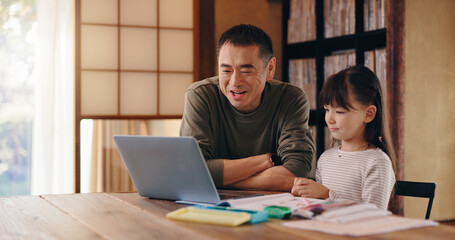 Asian father, daughter or laptop with video call for elearning, language tutoring or teaching at home. Japan, dad or child with computer for virtual classroom, online lesson or homeschooling at house