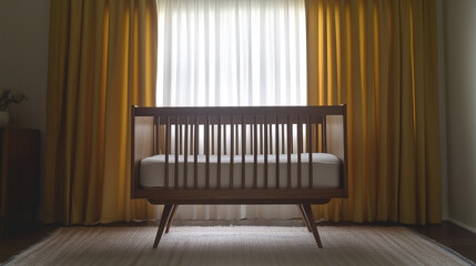 Cozy eco-friendly nursery with yellow curtains and wood crib