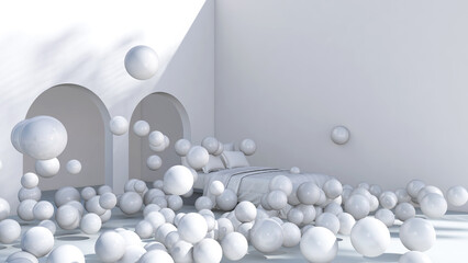 Colorful balloons flying in the room. 3D illustration, 3D rendering	
