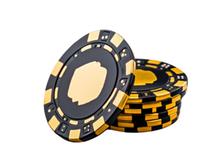 Black and gold casino chips stacked on a white background.