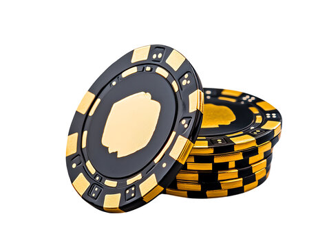 Black and gold casino chips stacked on a white background.