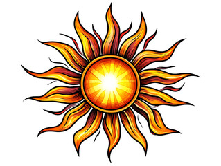 Bright, stylized sun illustration with radiant rays, colorful design on white background.