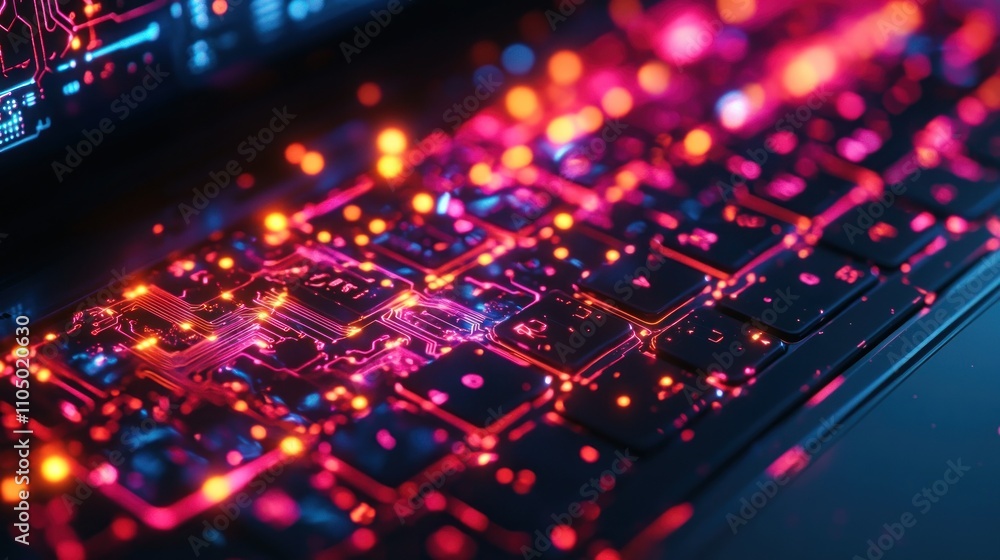 Poster a close-up shot of a laptop keyboard with glowing neon lights creating an abstract pattern.