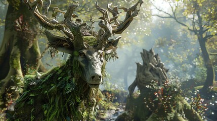 A magical deer with large antlers made of wood and vines.