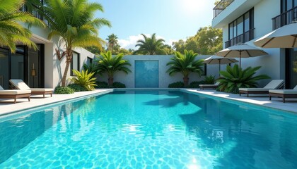 Fototapeta premium Luxurious poolside patio with blue water, palm trees, lounge chairs, and umbrellas, set against a