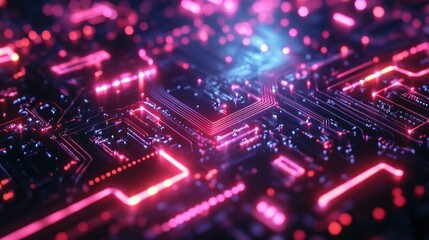 Obraz premium Abstract circuit board with glowing red and blue lights.