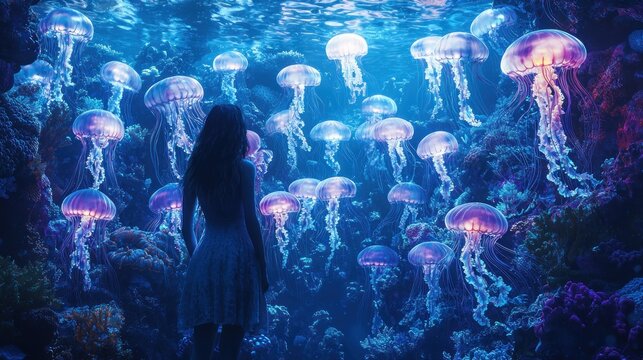 Woman Gazing at Bioluminescent Jellyfish in Ocean