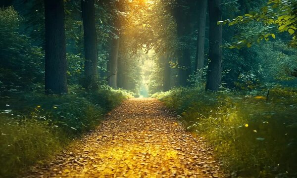 A serene forest path illuminated by soft light and fireflies.