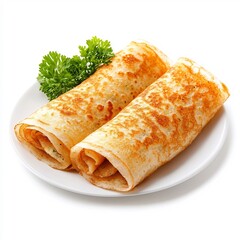 Closeup Macro Shot of Authentic Masala Dosa Traditional Indian Crispy Savory Crepe Dish on White Background