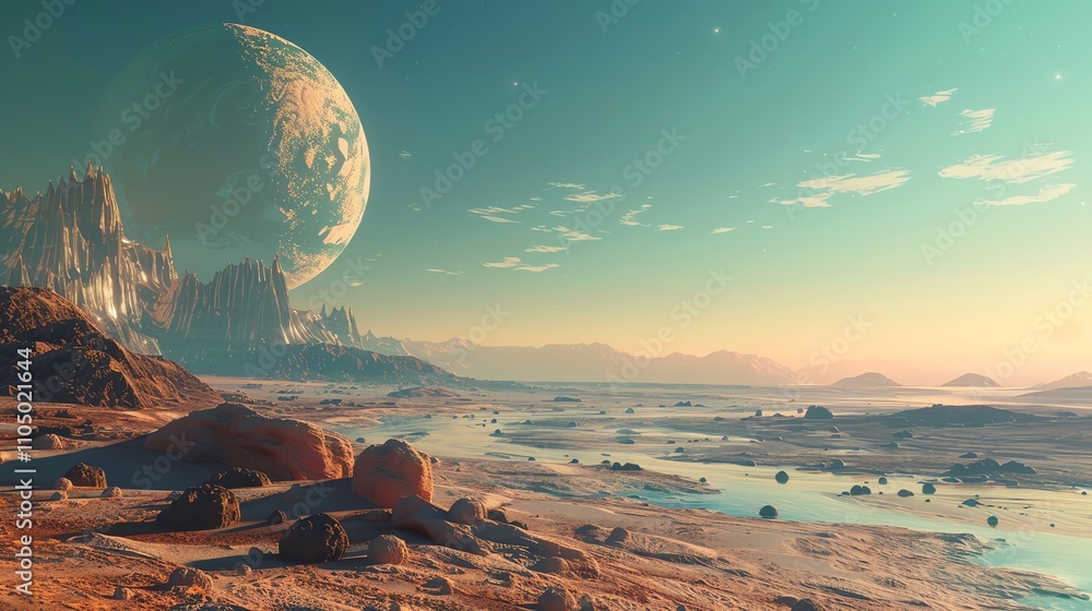 Aufkleber a scenic view of an alien planet with a large moon in the sky.