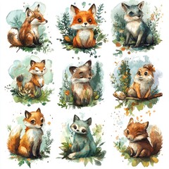 Fototapeta premium Nine adorable cartoon foxes with different fur colors and expressions, sitting in a forest setting.