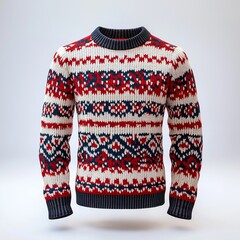 Red knitted Christmas turtleneck sweater of traditional design with moose or elk ornament on a mannequin isolated on a white background