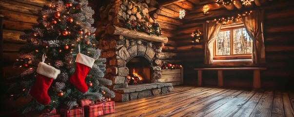 Fototapeta premium A cozy cabin scene featuring a decorated Christmas tree, stockings by the fireplace, and a warm, inviting atmosphere.