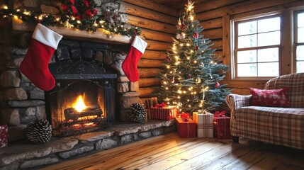 A cozy cabin living room decorated for Christmas, featuring a warm fireplace, a beautifully lit tree, and festive stockings.