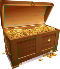 Open wooden chest full of gold coins pirate treasure. Vector illustration isolated on white