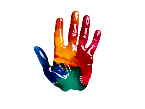 Colorful painted handprint on white isolate background.