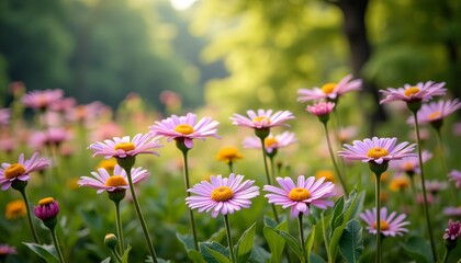 Obraz premium Purple and yellow flowers in field
