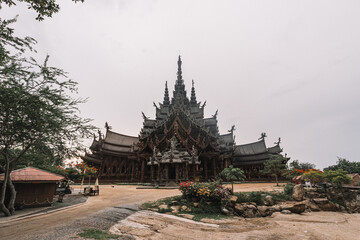 The Wood temple or Wat Sanctuary of Truth Temple in the city of Pattaya in the Province of Chonburi in Thailand, Thailand, Beautiful wooden building design.