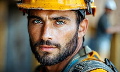 Close-up of a rugged construction worker in a yellow helmet.