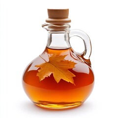 Close up Macro Shot of Maple Syrup in Glass Bottle on White Background