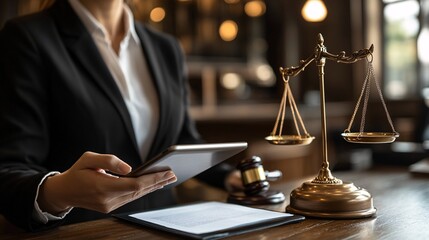 A professional in a formal suit using a tablet at a desk with a gavel, scale of justice, and legal documents, in a judicial setting.