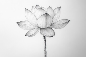 Obraz premium A detailed pencil drawing of a single lotus flower with a white background.