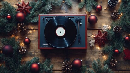 A classic turntable surrounded by Christmas decorations and ornaments, creating a cozy holiday vibe on a rustic wooden table.
