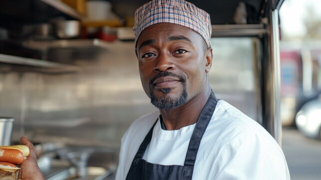 Friendly chef in a food truck, wearing an apron, smiling confidently at the camera, with blurred kitchen background.