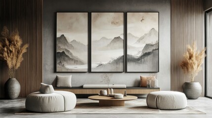 Modern Zen Living Room with Mountain Paintings