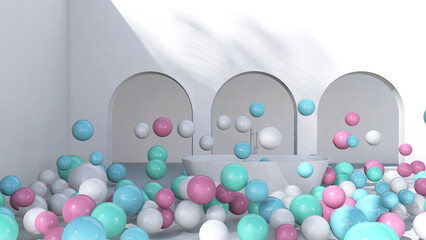 Colorful balloons flying in the room. 3D illustration, 3D rendering	