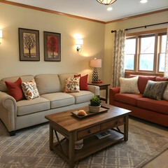 Fototapeta premium a living room with a couch a coffee table and a co