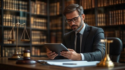 Fototapeta premium Individual in formal attire using a tablet at a desk, featuring a gavel, scales of justice, and legal paperwork, indicating a courtroom.