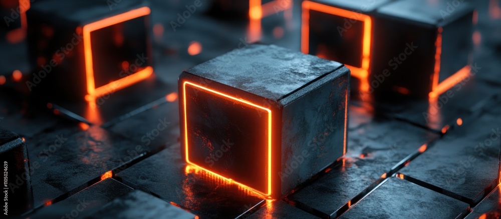 Poster a close-up of a dark, metallic cube with a bright orange glowing border. the cube is surrounded by o